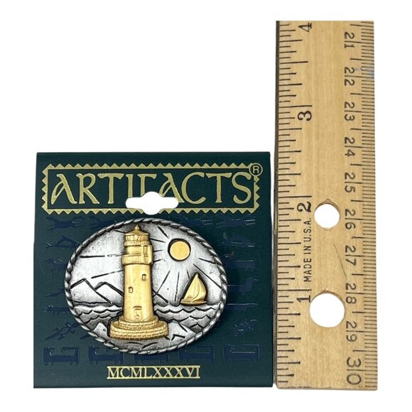 JJ Artifacts Lighthouse Sailboat Scene Brooch Pin 1986 Silver Gold Tone Vintage - Picture 6 of 6